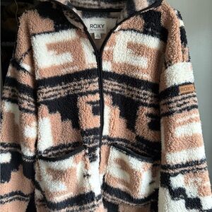 Roxy Geometric Fleece Jacket in Black, Cream, and Tan